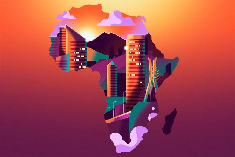 Stylized African city skyline within the map of Africa