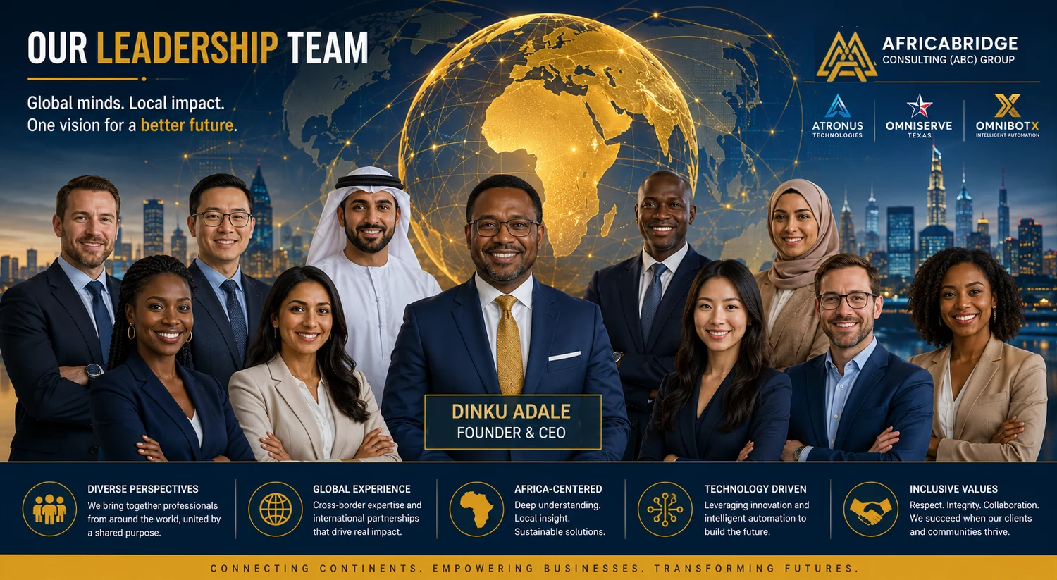 AfricaBridge leadership: Dinku Adale, Founder & CEO, with the advisory network
